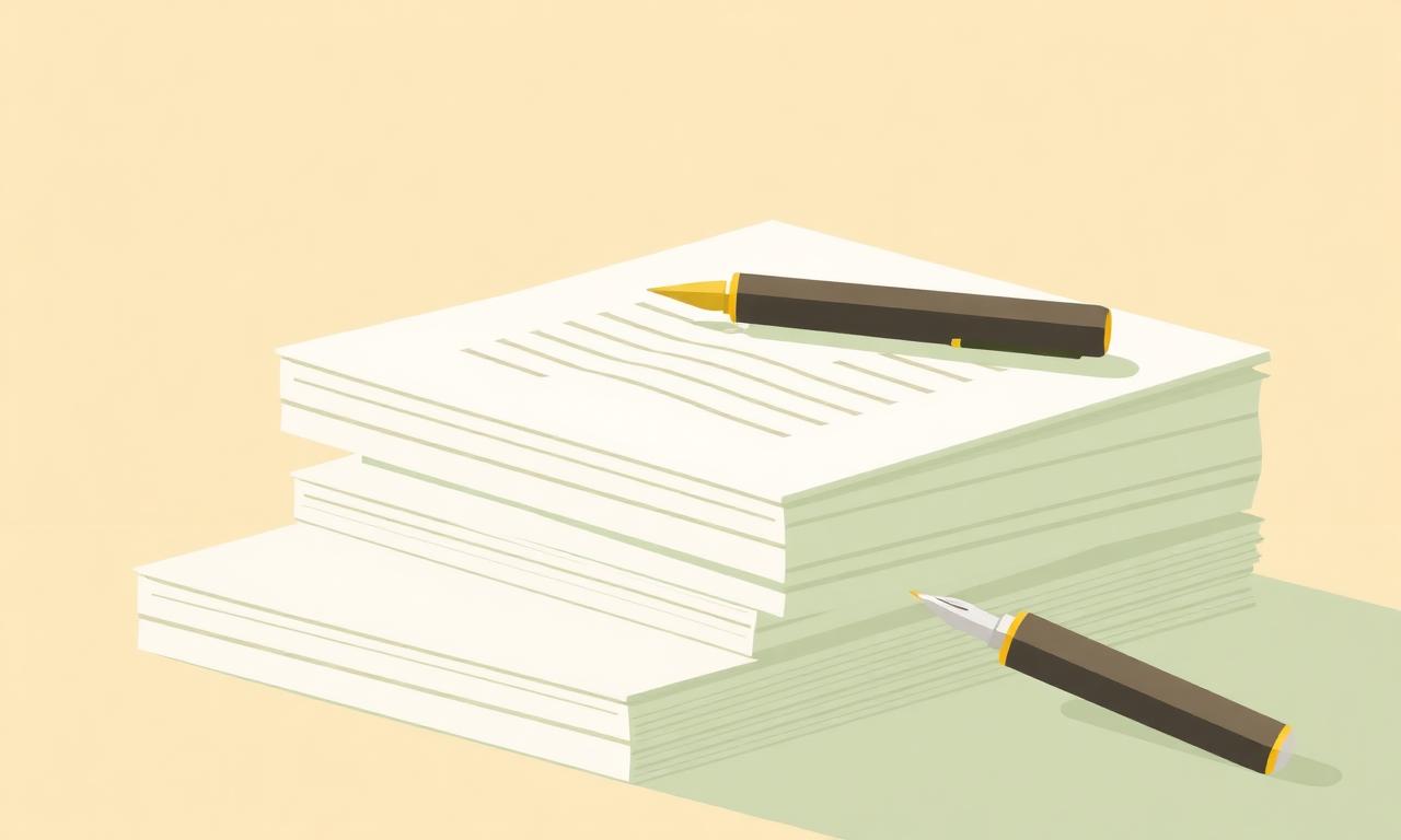 Stack of essay drafts with a fountain pen
