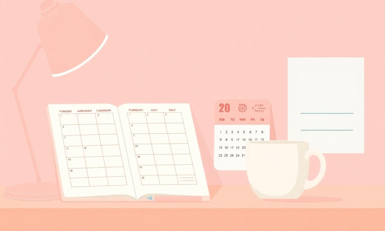 Calm study desk with a planner, calendar, and coffee mug